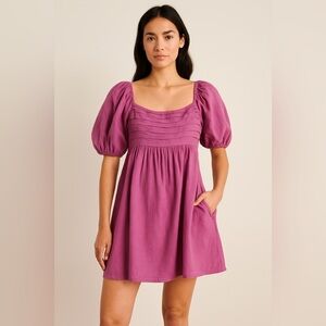 Abercrombie & Fitch Deep Pink Puff Sleeve Linen Mini Dress | MP